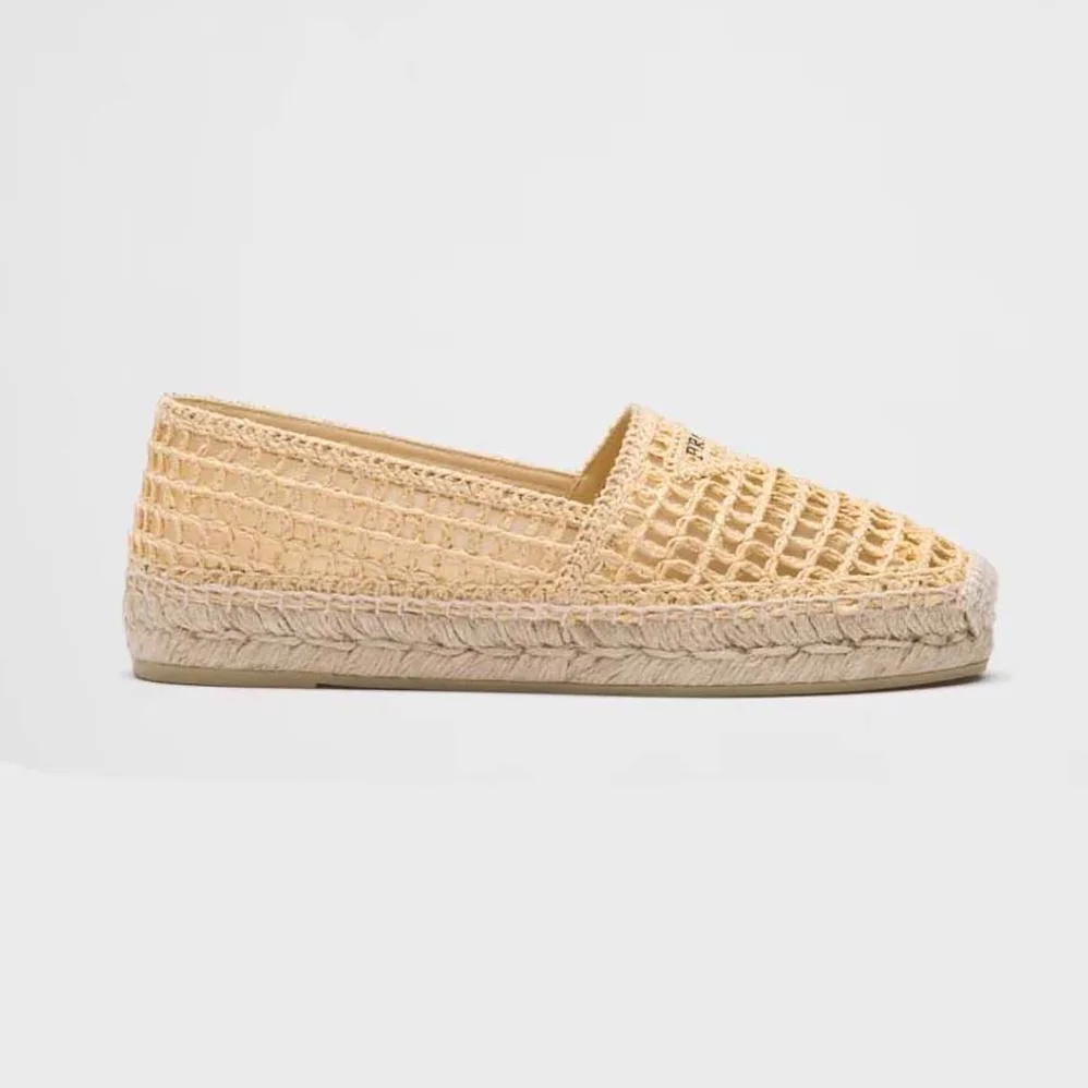 Prada Crochet Espadrilles with Embroidered Logo for Women in Beige