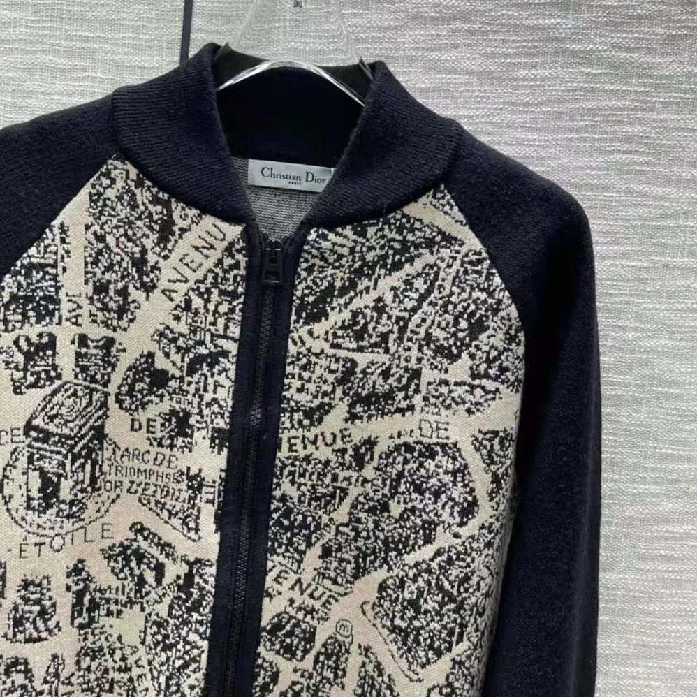 Dior Bomber Jacket Beige and Black Technical Virgin Wool Knit with Plan de Paris Motif for Women