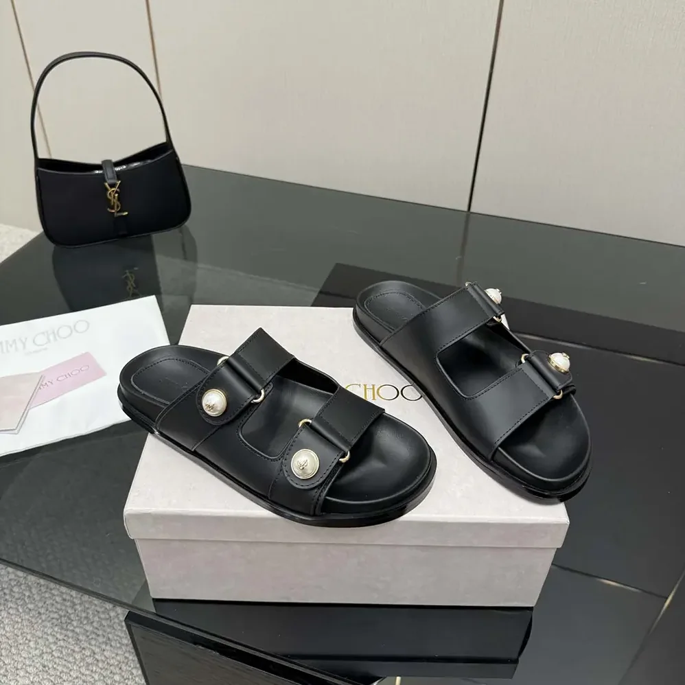 Jimmy Choo Fayence Sandal Black Leather Flat Sandals with Pearl Embellishment for Women