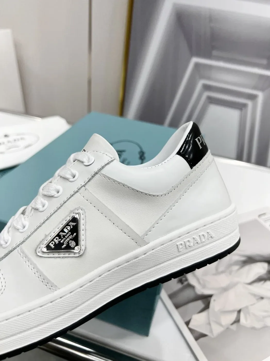 Prada Downtown Perforated Sneakers White in Black /