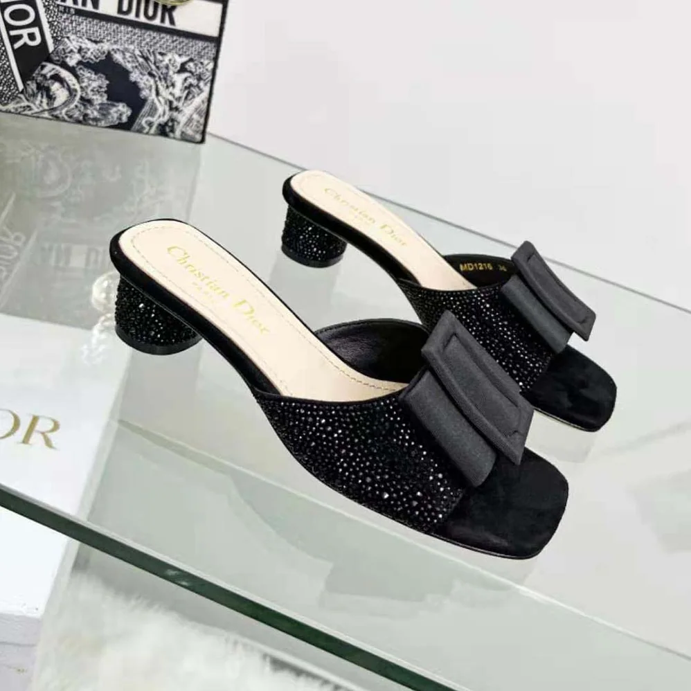 Dior Idylle Heeled Slide Black Suede Covered with Strass and Grosgrain for Women Dior Idylle Heeled Slide Black Suede Covered with Strass and Grosgrain for Women