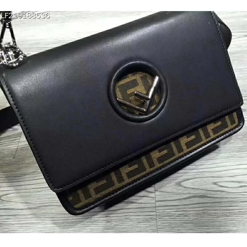 Fendi KAN I F Top Flap Strap Bag with Logo Stitch in Black