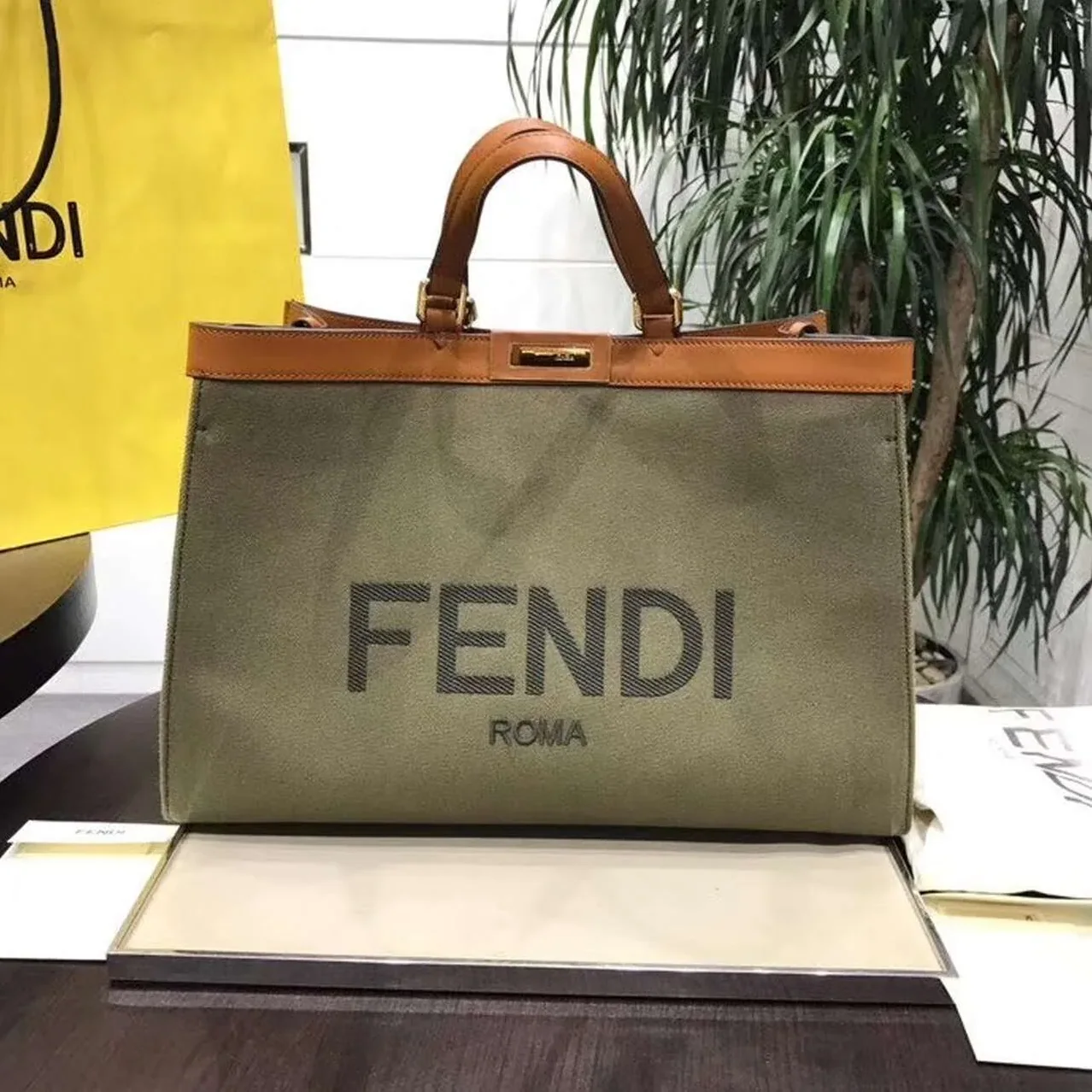 Fendi Peekaboo X-Tote Canvas Bag Green Khaki / FF 8BH374 Fendi Peekaboo X-Tote Canvas Bag Green Khaki / FF 8BH374