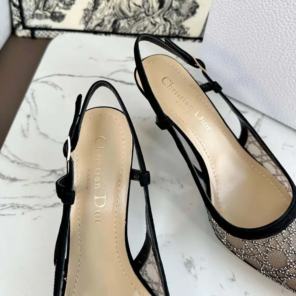 Dior Capture Slingback Pump Transparent Mesh with Silver for Women in Tone Strass Cannage Motif