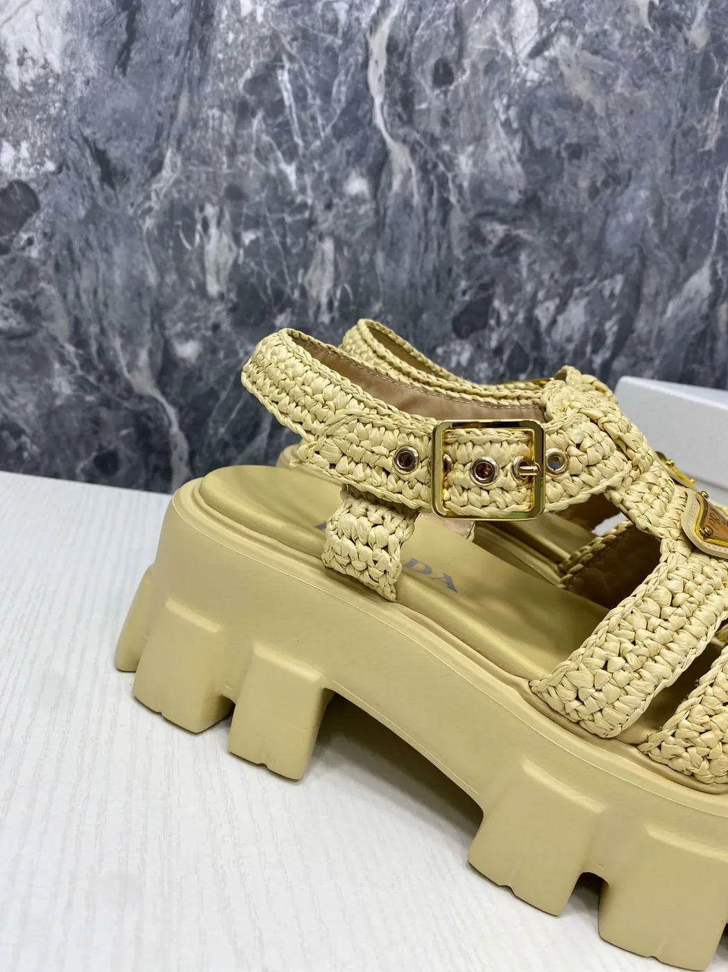 Prada Monolith Crochet Cage Sandals Yellow Prada Monolith Crochet Cage Sandals Yellow