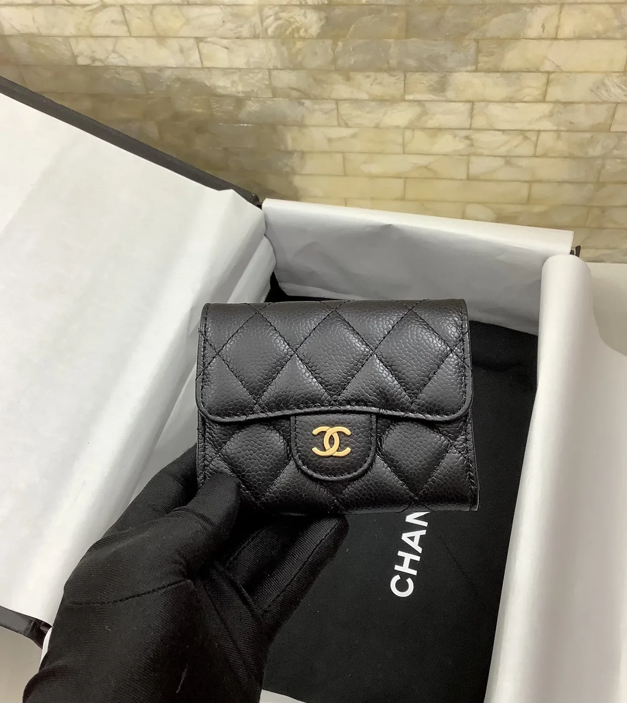 Chanel CO-CO Classic Card Holder Black Gold Hardware /