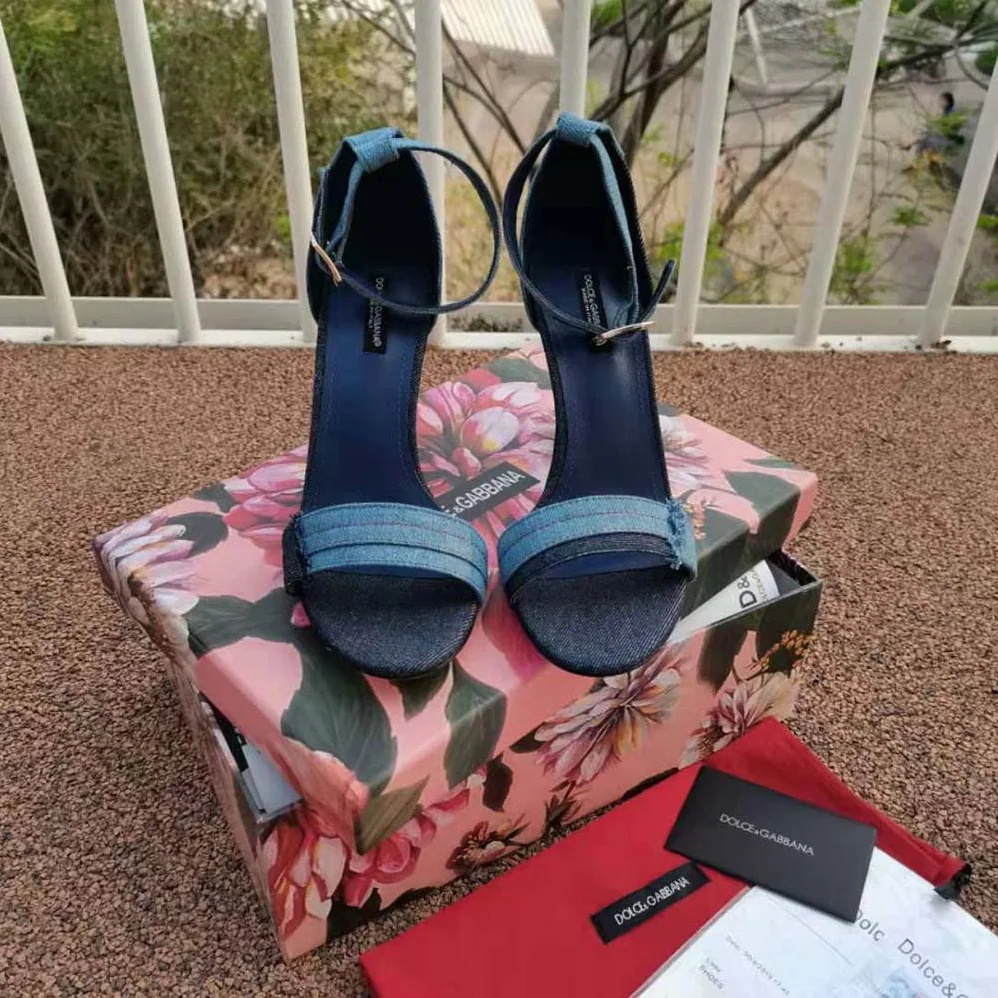 Dolce Gabbana D&G Patchwork Denim Sandals with Baroque DG Heel for Women Dolce Gabbana D&G Patchwork Denim Sandals with Baroque DG Heel for Women