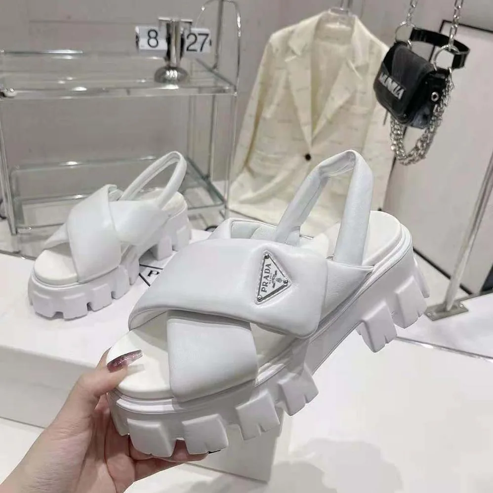 Prada Monolith Padded Nappa Leather Sandals for Women in White Prada Monolith Padded Nappa Leather Sandals for Women in White