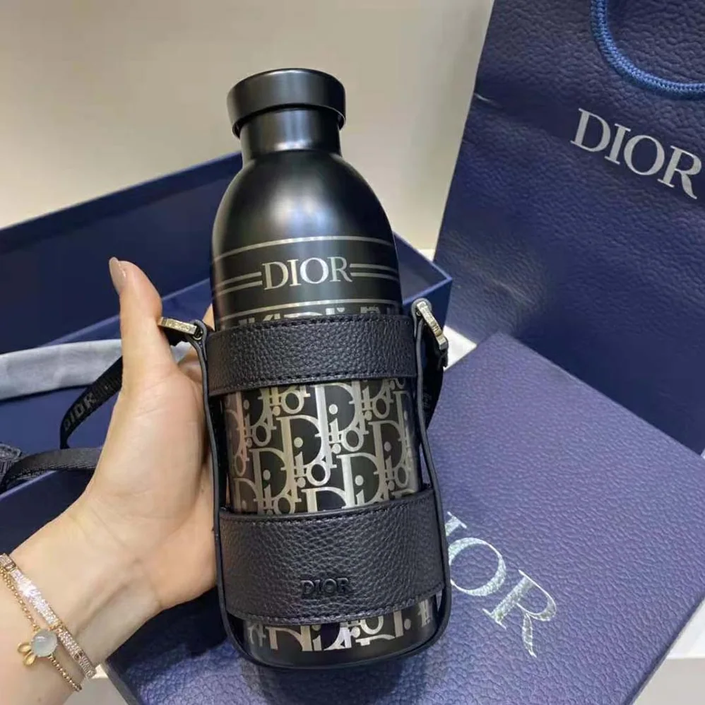 Dior Aqua Bottle with Shoulder Strap Black Grained Calfskin and Dior Oblique Stainless Steel for Unisex