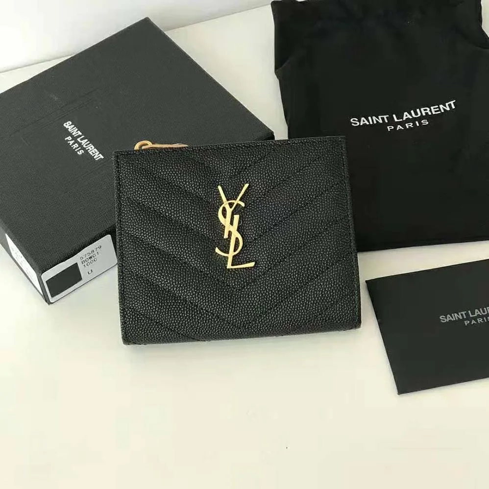 Saint Laurent YSL Monogram Zipped Card Case in Grain DE Poudre Embossed Leather for Women