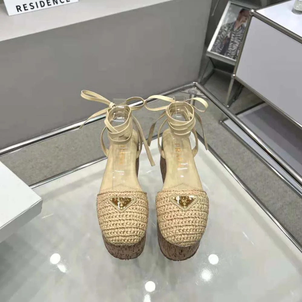 Prada Crochet Wedge Sandals with Enameled Metal Triangle Logo for Women in Beige Prada Crochet Wedge Sandals with Enameled Metal Triangle Logo for Women in Beige