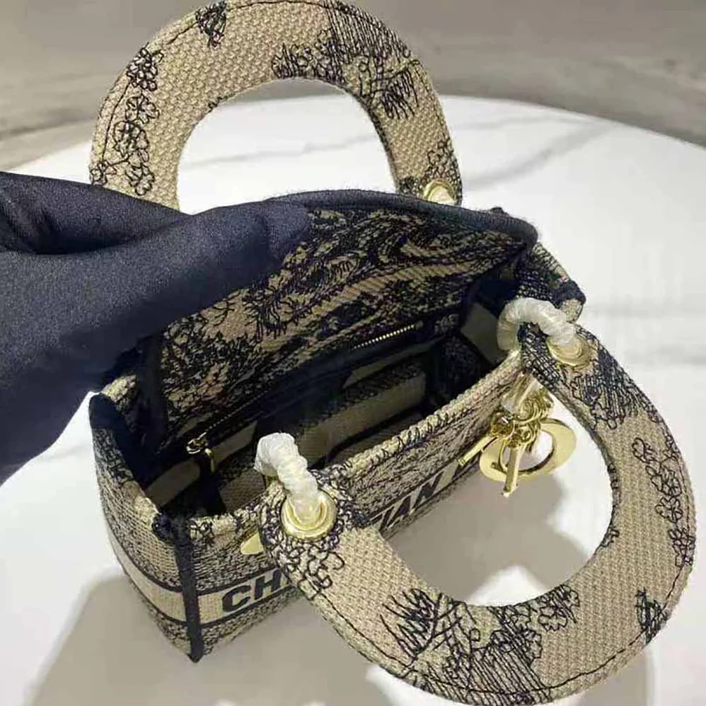 Dior Mini Lady D-lite Bag Brown Toile de Jouy Embroidery for Women