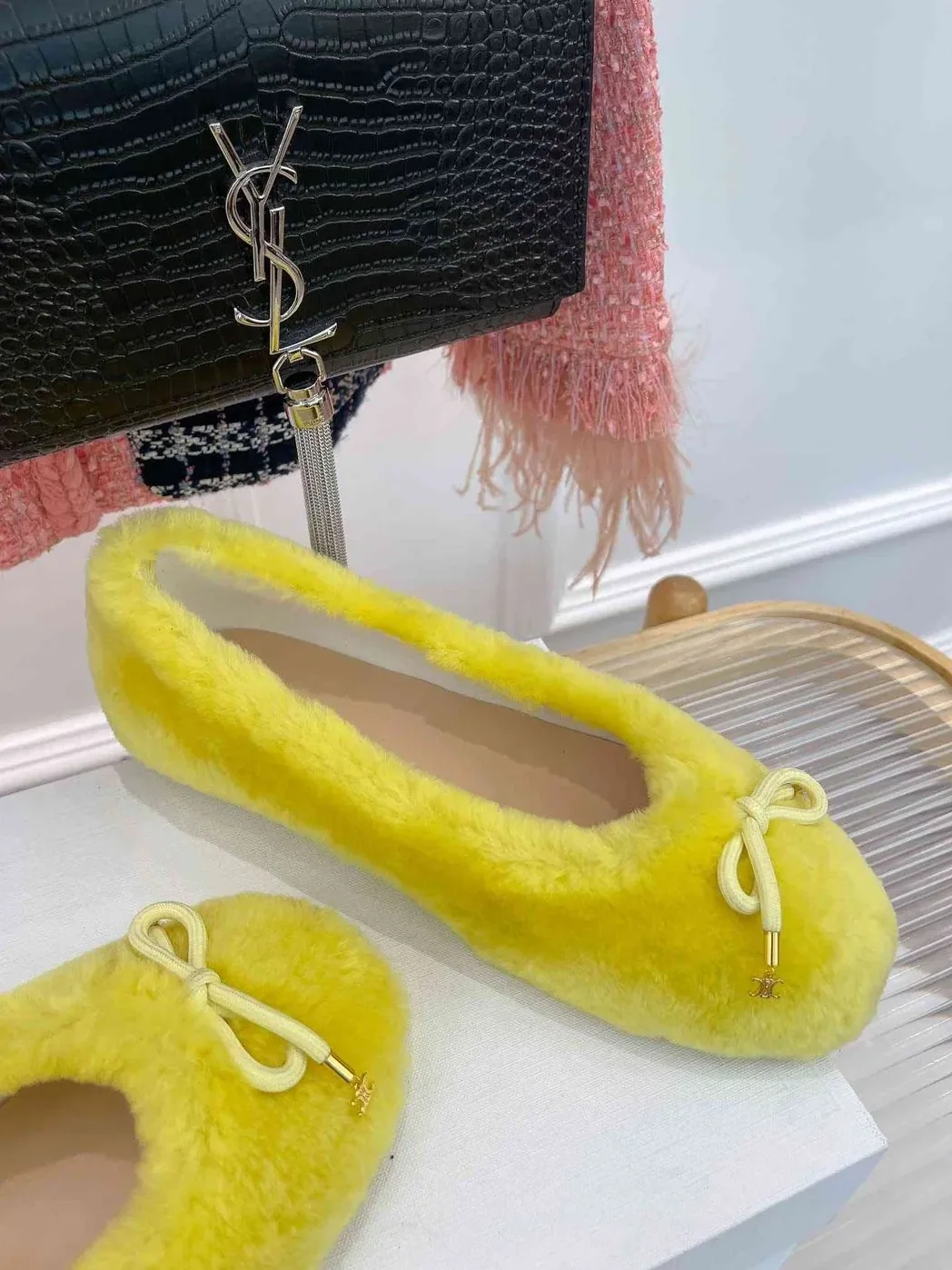 Celine Les Ballerines Celine Ballerina With Triomphe Laces And Fur Yellow