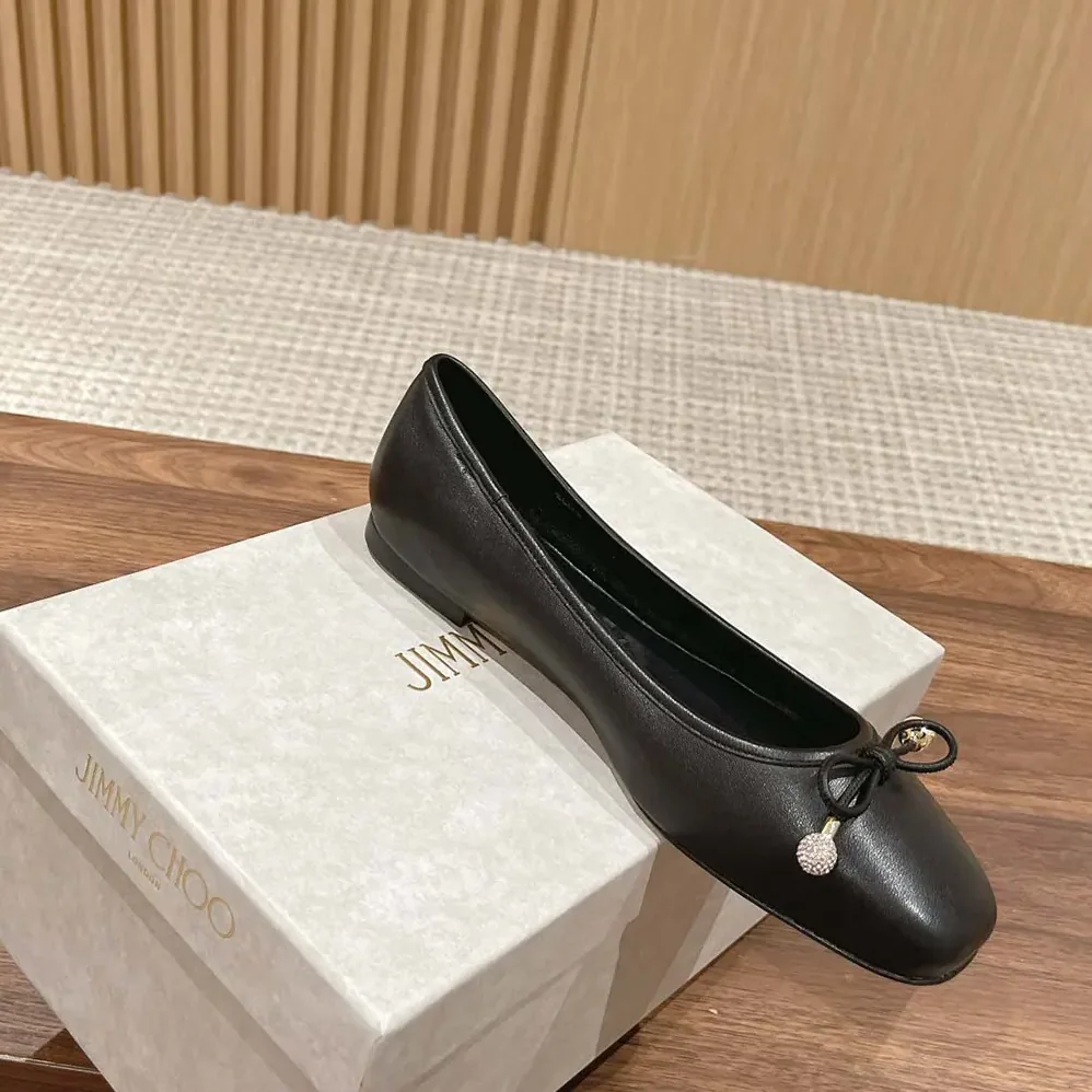 Jimmy Choo Elme Flat Black Nappa Leather Flats with Pearl Embellishment for Women Jimmy Choo Elme Flat Black Nappa Leather Flats with Pearl Embellishment for Women