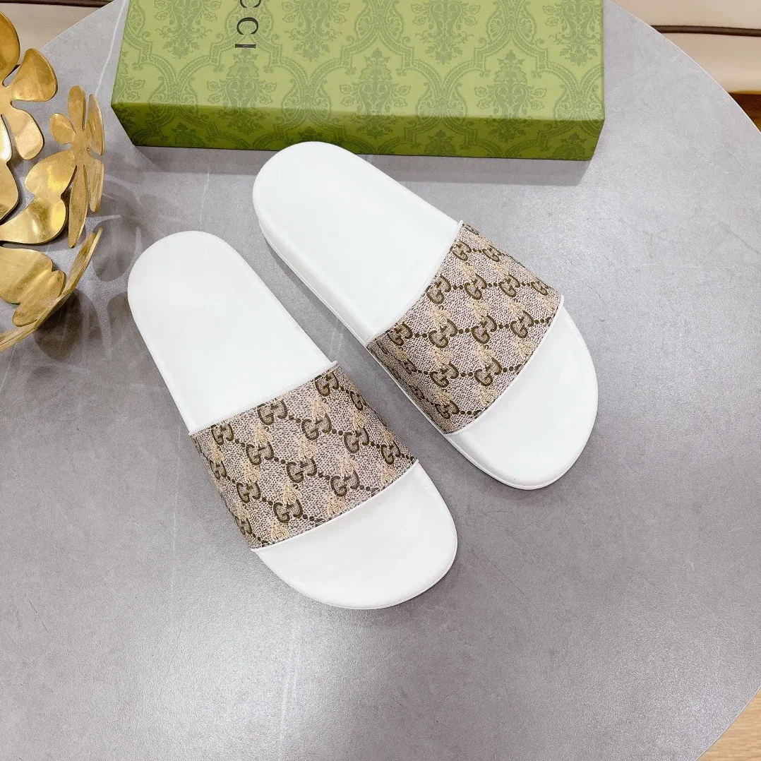 Gucci GG Slide Sandal With Bees White And Brown for Women Gucci GG Slide Sandal With Bees White And Brown for Women