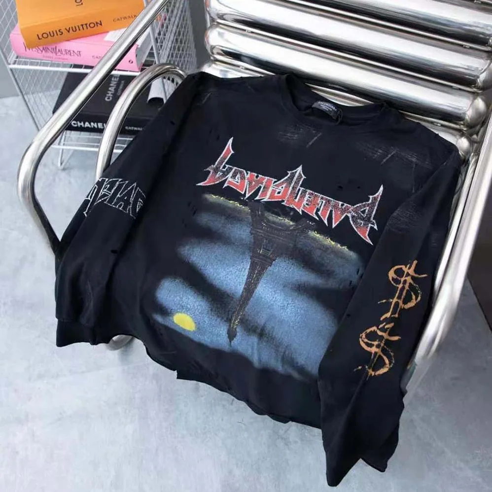 Balenciaga Paris Moon Upside Down Long Sleeve T-Shirt Oversized in Black Faded for Men Balenciaga Paris Moon Upside Down Long Sleeve T-Shirt Oversized in Black Faded for Men