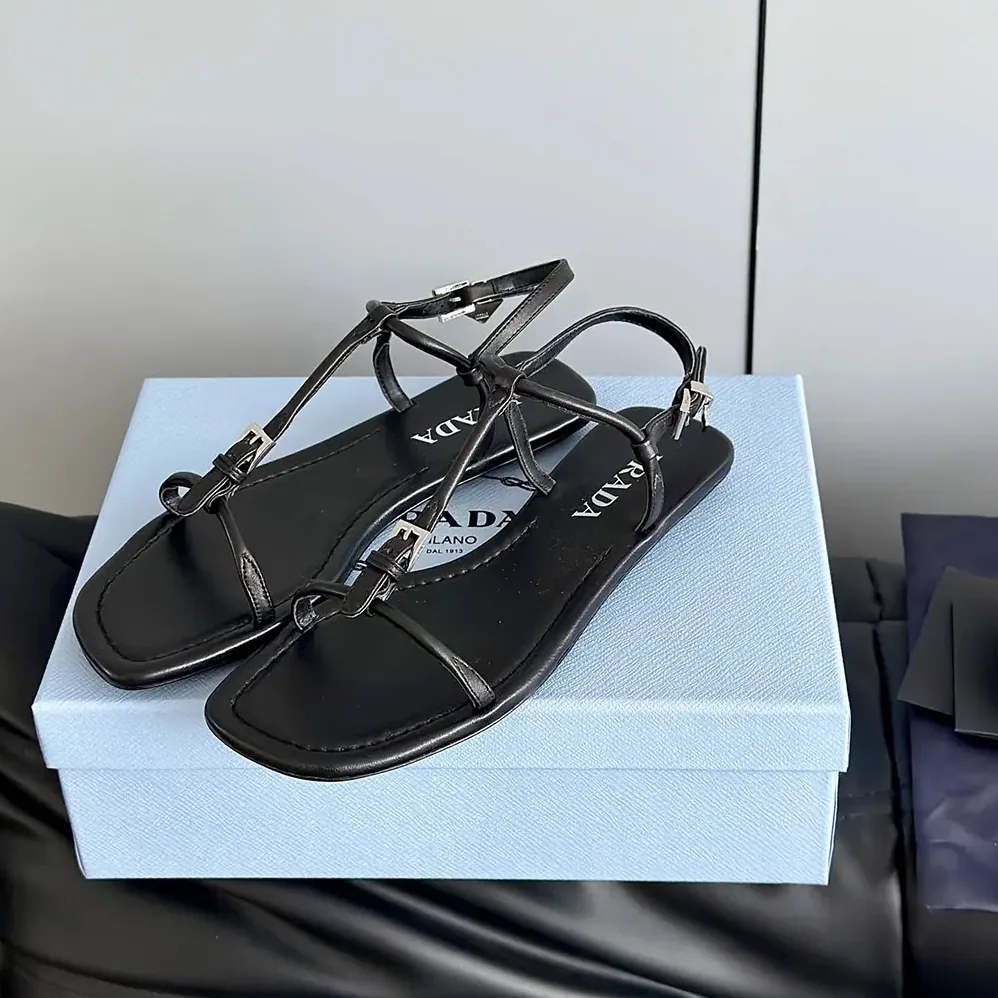 Prada Flat Leather Sandals for Women in Black Prada Flat Leather Sandals for Women in Black