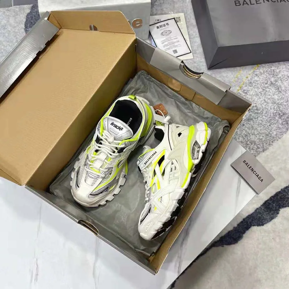 Balenciaga Track.2 Sneaker in White and Neon Yellow Neoprene and Rubber for Men
