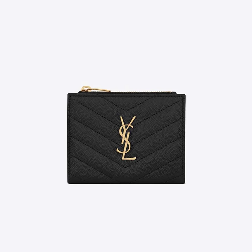 Saint Laurent YSL Monogram Zipped Card Case in Grain DE Poudre Embossed Leather for Women