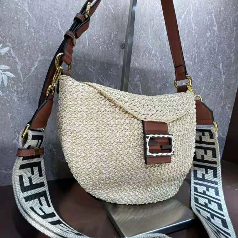 Fendi Small Croissant Woven Straw Bag for Women in Beige
