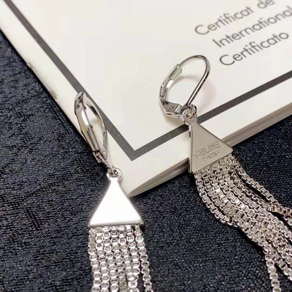 Celine Triomphe Folk Fringe Earrings in Brass with Rhodium Finish for Women Celine Triomphe Folk Fringe Earrings in Brass with Rhodium Finish for Women