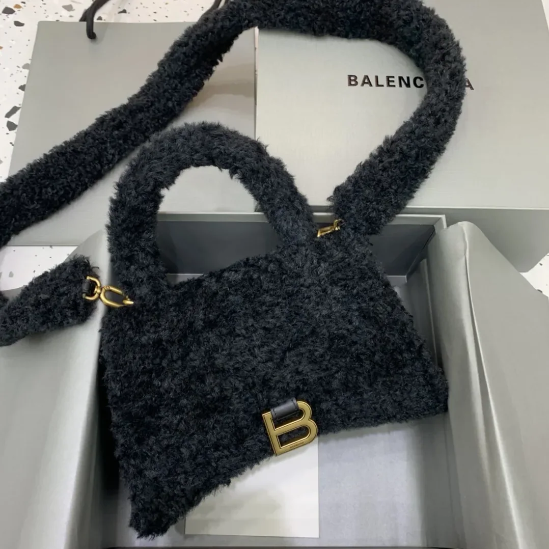 Balenciaga Furry Hourglass Small Handbag With Strap In Black /