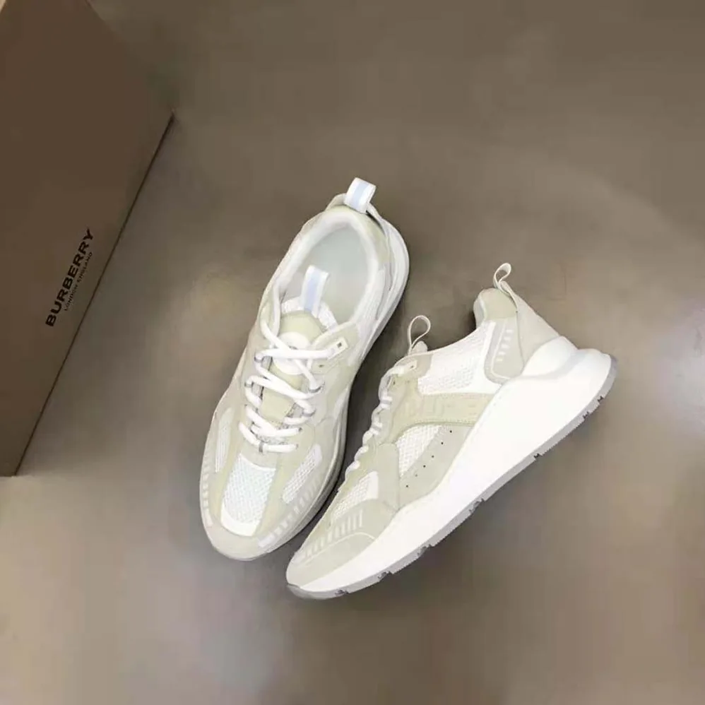 Burberry Logo Print Leather Suede and Mesh Sneakers for Men in White Burberry Logo Print Leather Suede and Mesh Sneakers for Men in White