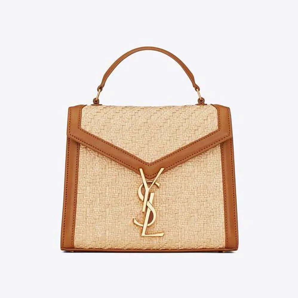 Saint Laurent YSL Cassandra Mini Top Handle Bag in Raffia and Vegetable for Women in tanned Leather Saint Laurent YSL Cassandra Mini Top Handle Bag in Raffia and Vegetable for Women in tanned Leather