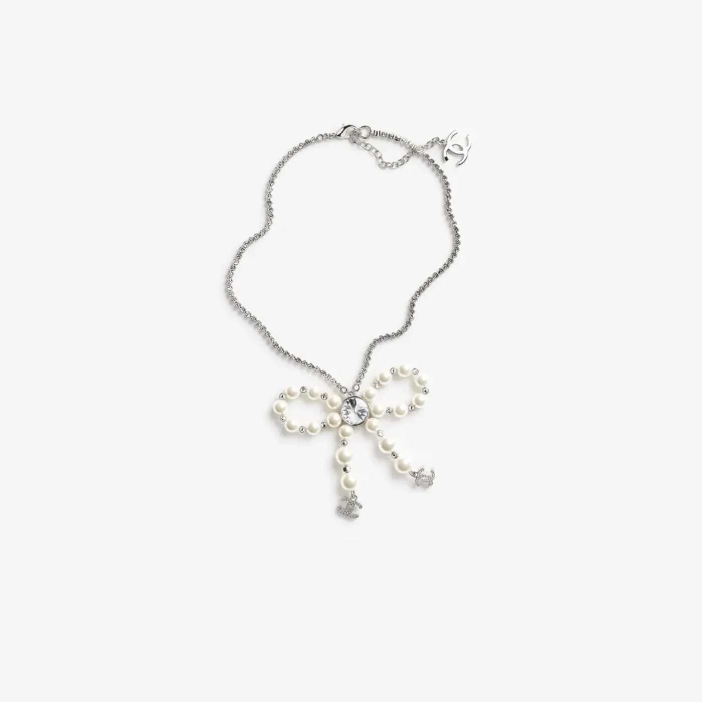 Chanel Bow Pendant Necklace Silver Pearly White