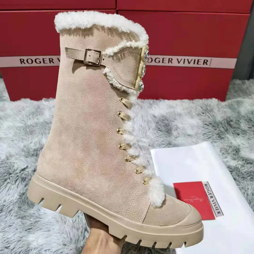 Roger Vivier Walky Viv' Lace Up Shearling Strass Buckle Booties in Suede for Women Roger Vivier Walky Viv' Lace Up Shearling Strass Buckle Booties in Suede for Women
