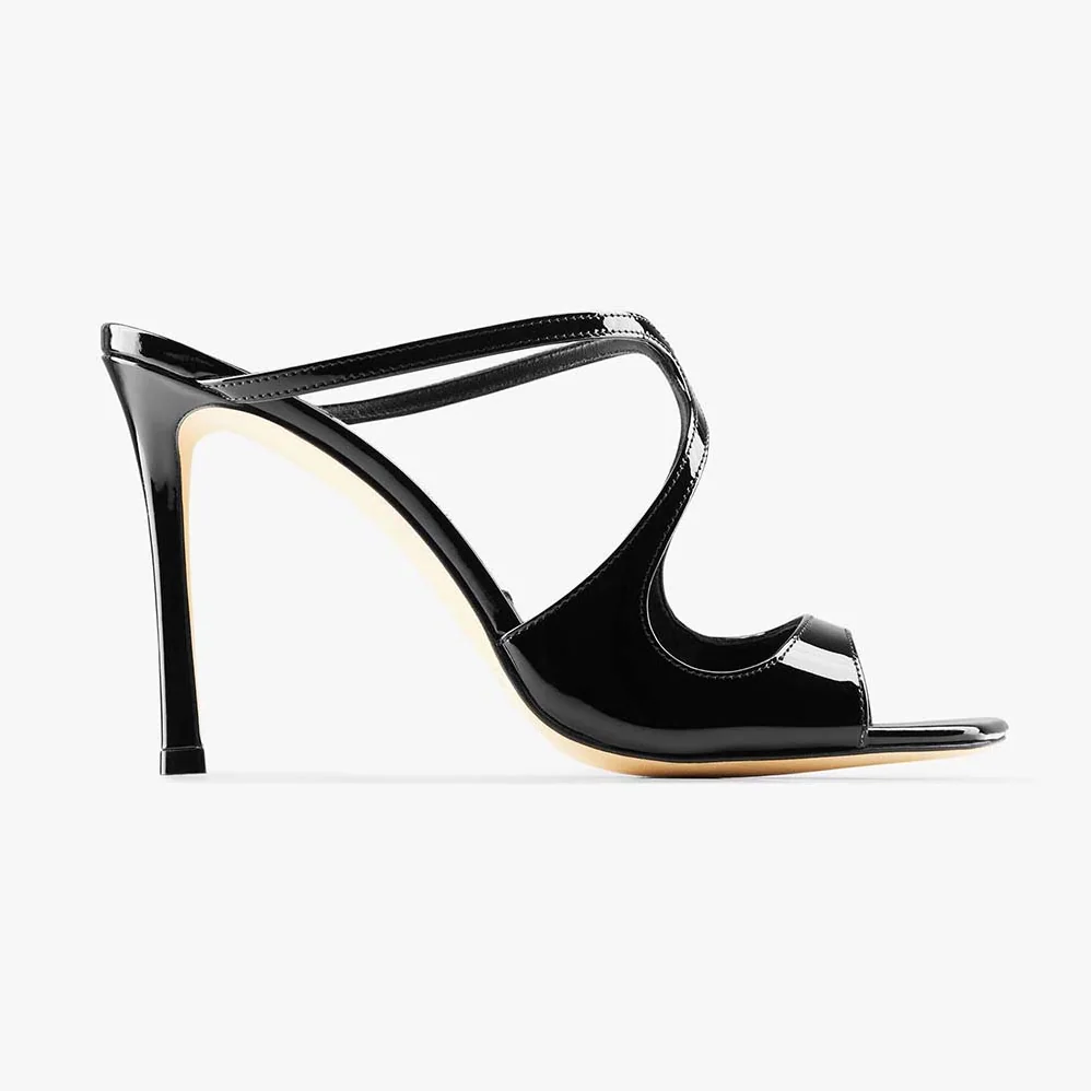 Jimmy Choo Anise 95 Black Patent Leather Mules for Women in Black Jimmy Choo Anise 95 Black Patent Leather Mules for Women in Black