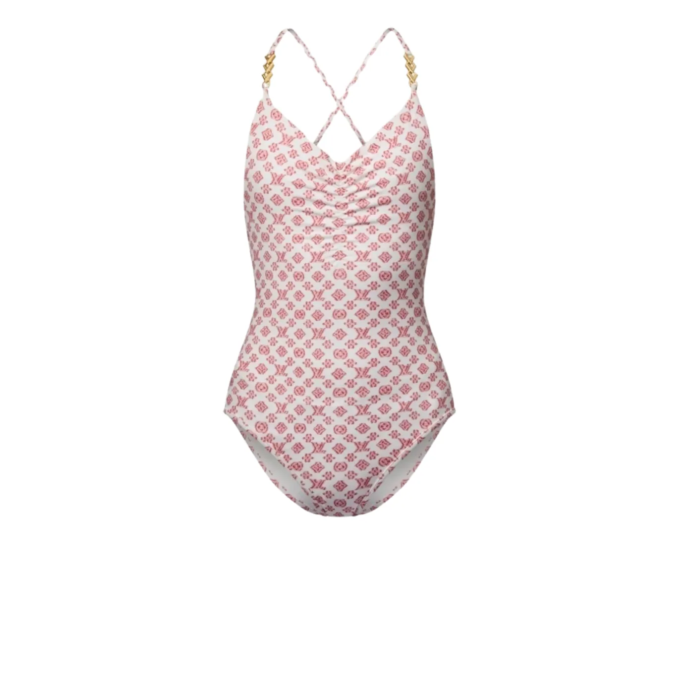 Louis Vuitton Chain Ruched One-Piece Swimsuit Pink/ Red Monogram Louis Vuitton Chain Ruched One-Piece Swimsuit Pink/ Red Monogram