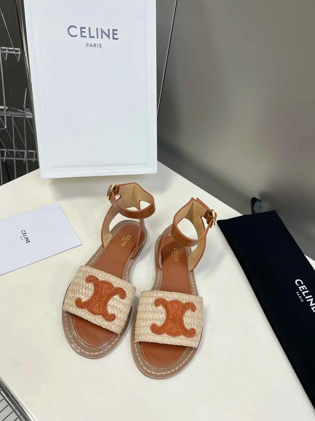 Celine Lympia Flat Strap Sandal In Raffia Brown Celine Lympia Flat Strap Sandal In Raffia Brown