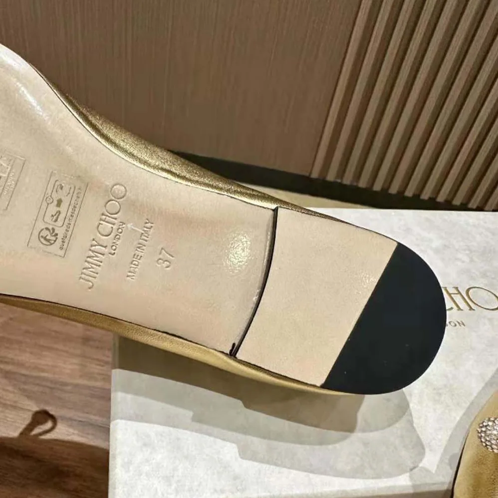 Jimmy Choo Elme Flat Gold Metallic Nappa Leather Flats with Pearl Embellishment for Women Jimmy Choo Elme Flat Gold Metallic Nappa Leather Flats with Pearl Embellishment for Women