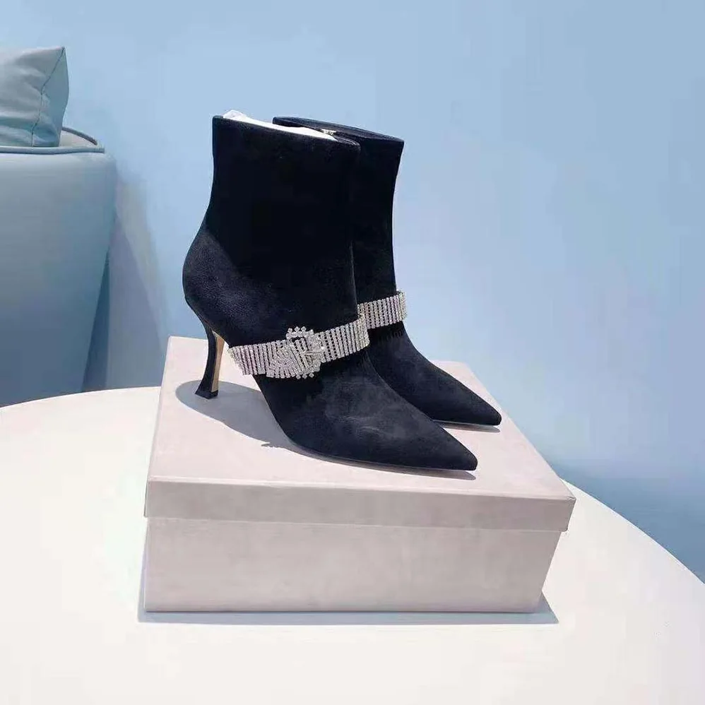 Jimmy Choo Kaza 90 Black Suede Shoe Booties with Crystal for Women in Embellished Strap