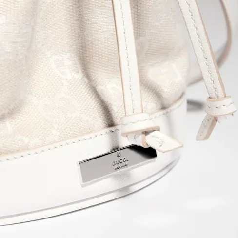 Gucci Bucket With Plaque Mini Shoulder Bag in Ivory Denim Palladium Hardware Gucci Bucket With Plaque Mini Shoulder Bag in Ivory Denim Palladium Hardware