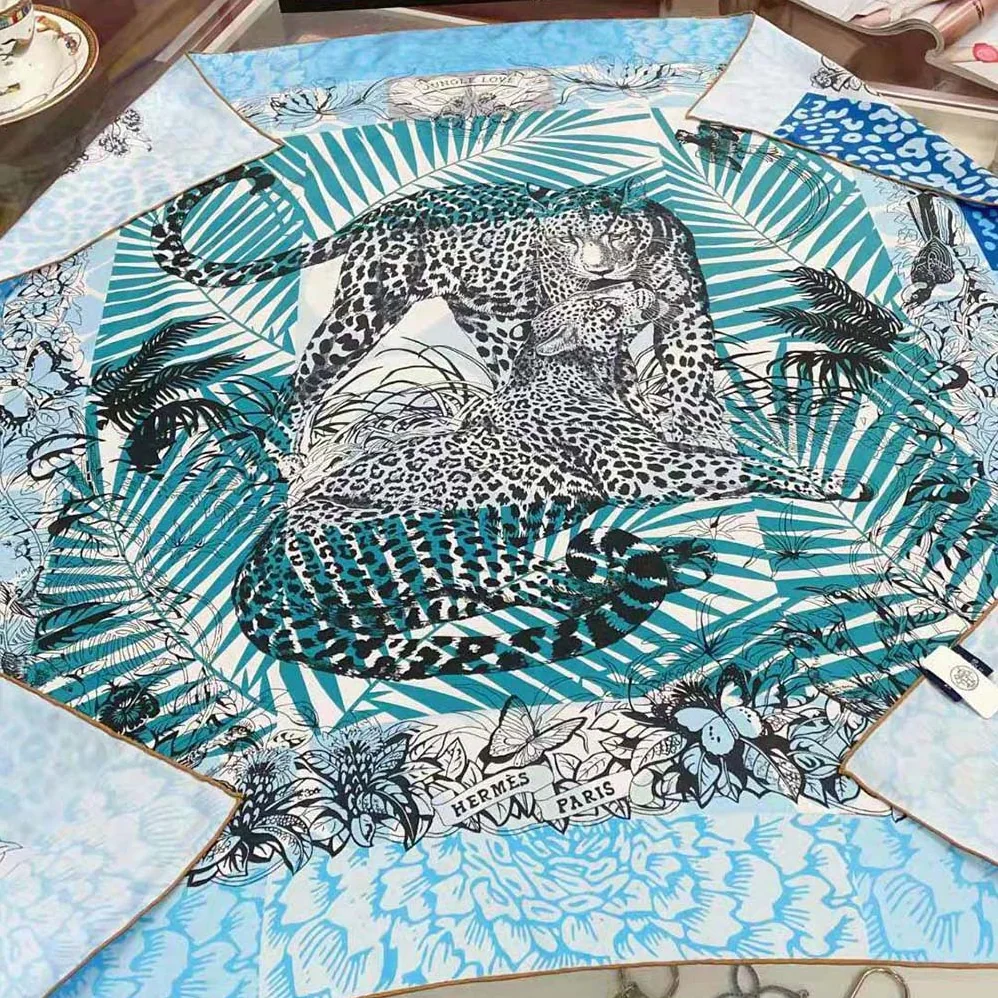 Hermes Jungle Love Stamped Scarf 70 in Silk Twill with Hand-Rolled Edges for Women in Blue