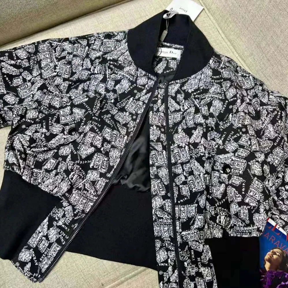 Dior Cropped Bomber Jacket Black and White Technical Taffeta Jacquard for Women