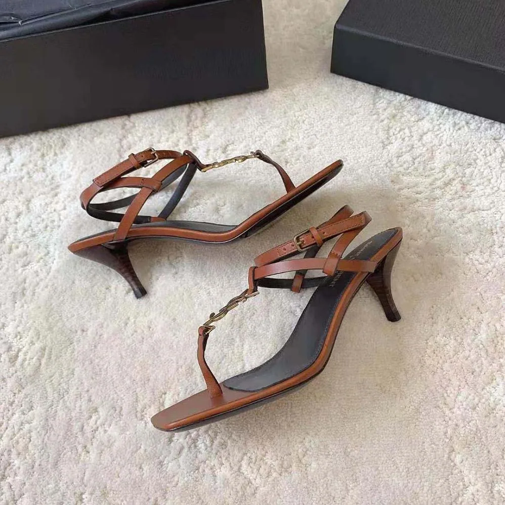 Saint Laurent YSL Cassandra Sandals in Smooth Leather for Women in Brown