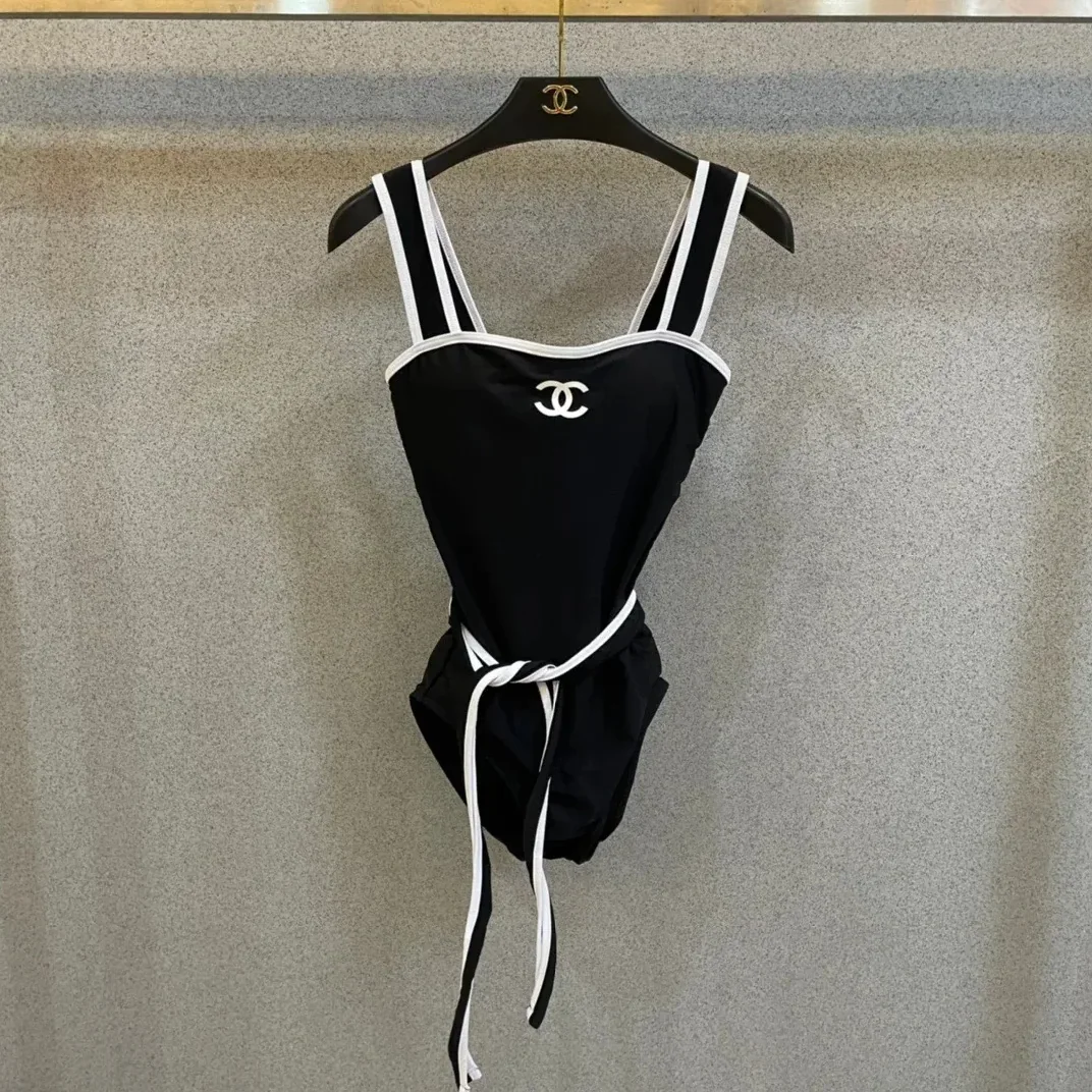 Chanel Belted Interlocking CC One in Piece Swimsuit Black
