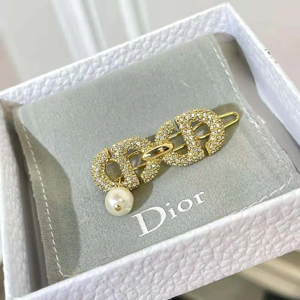Dior CD Navy Barrette Gold-Finish Metal and White Crystals for Women