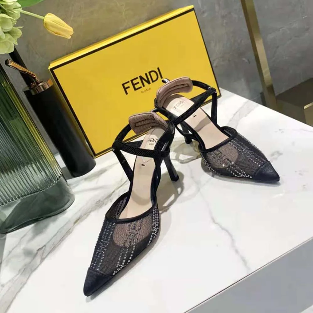 Fendi Colibri Medium Heel Slingbacks in Black Mesh with Rhinestone Embroidery for Women Fendi Colibri Medium Heel Slingbacks in Black Mesh with Rhinestone Embroidery for Women