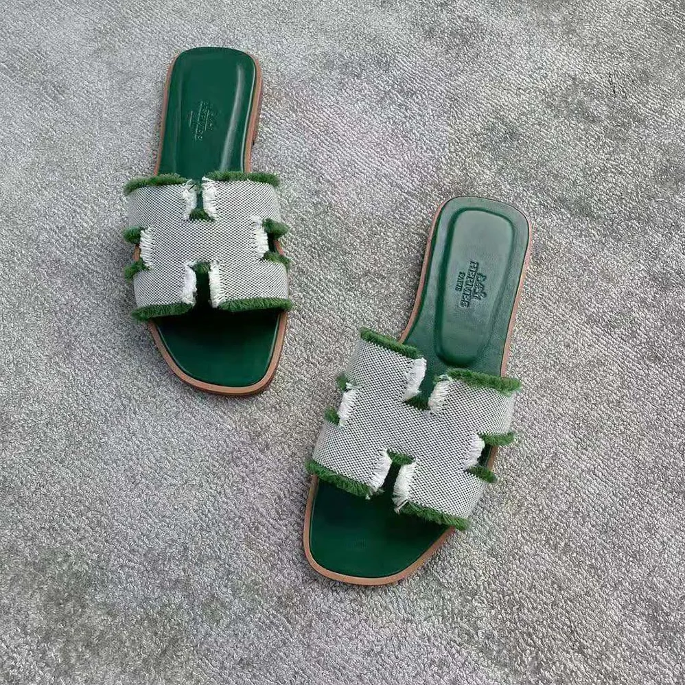 Hermes Oran Sandal in Fringed H Canvas for Women in Green
