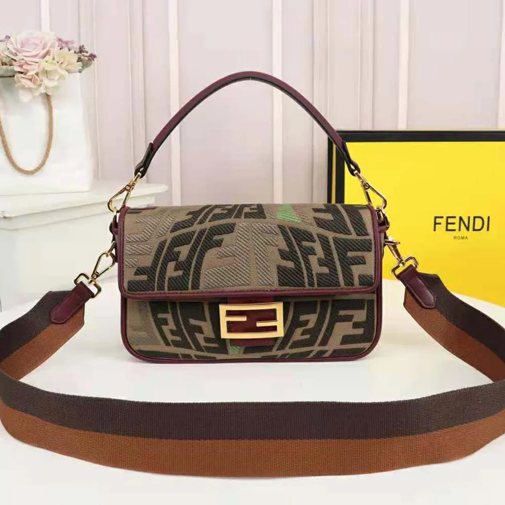 Fendi Baguette Embroidered Green Canvas Bag for Women