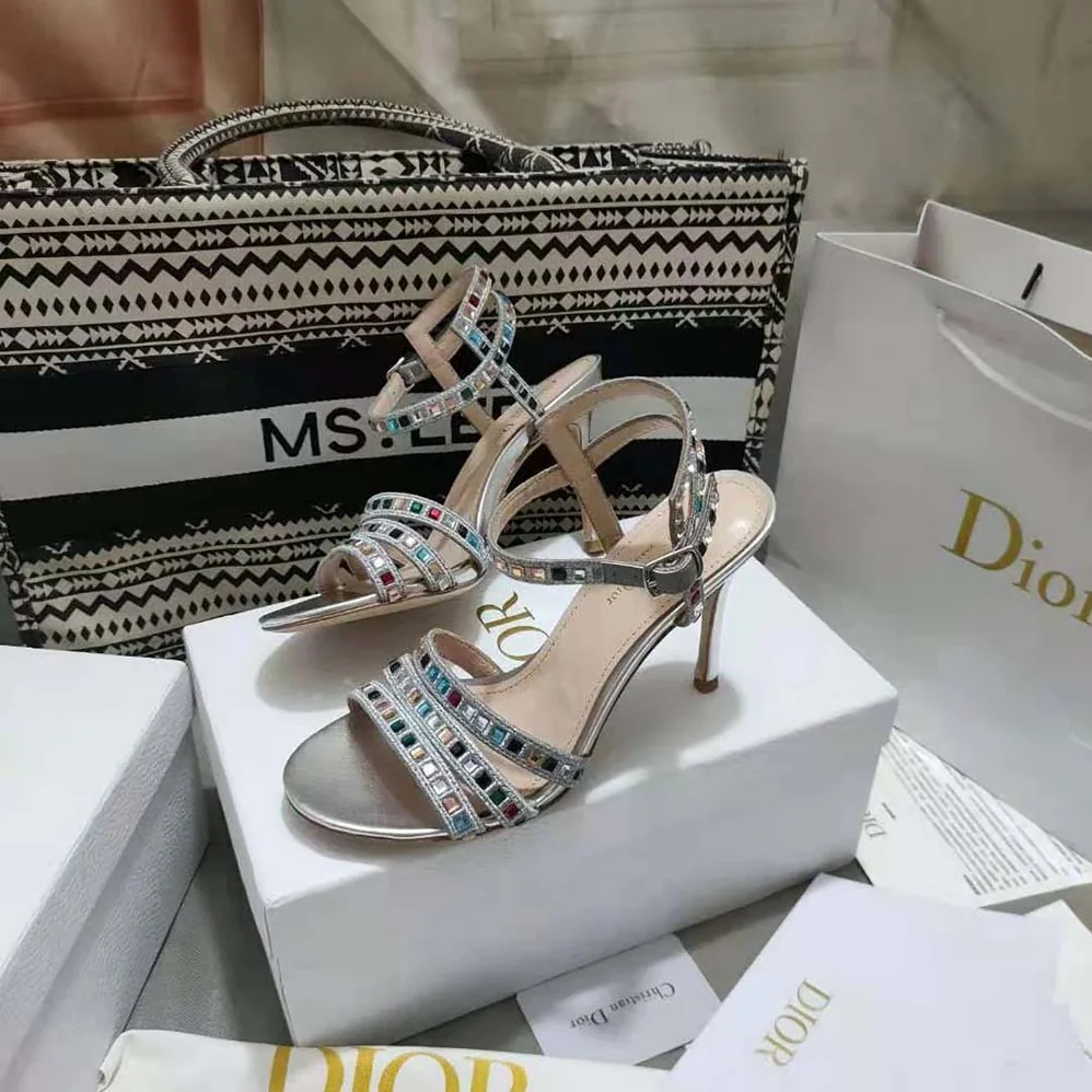 Dior Gem Heeled Sandal Silver for Women in Tone Cotton Embroidered Dior Gem Heeled Sandal Silver for Women in Tone Cotton Embroidered