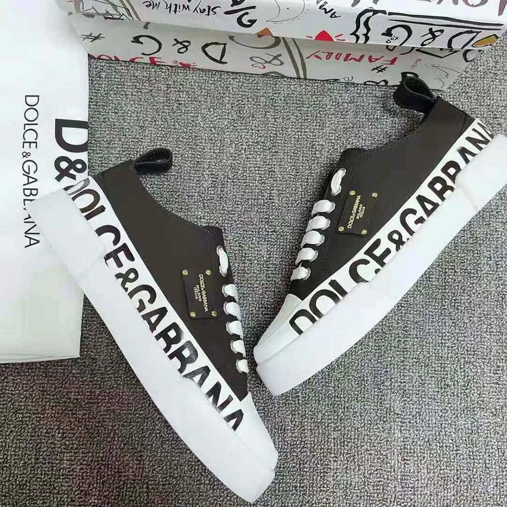 Dolce Gabbana D&G Calfskin Portofino Light Sneakers with Logo-Detailed Plate and Logo Print for Women in Black