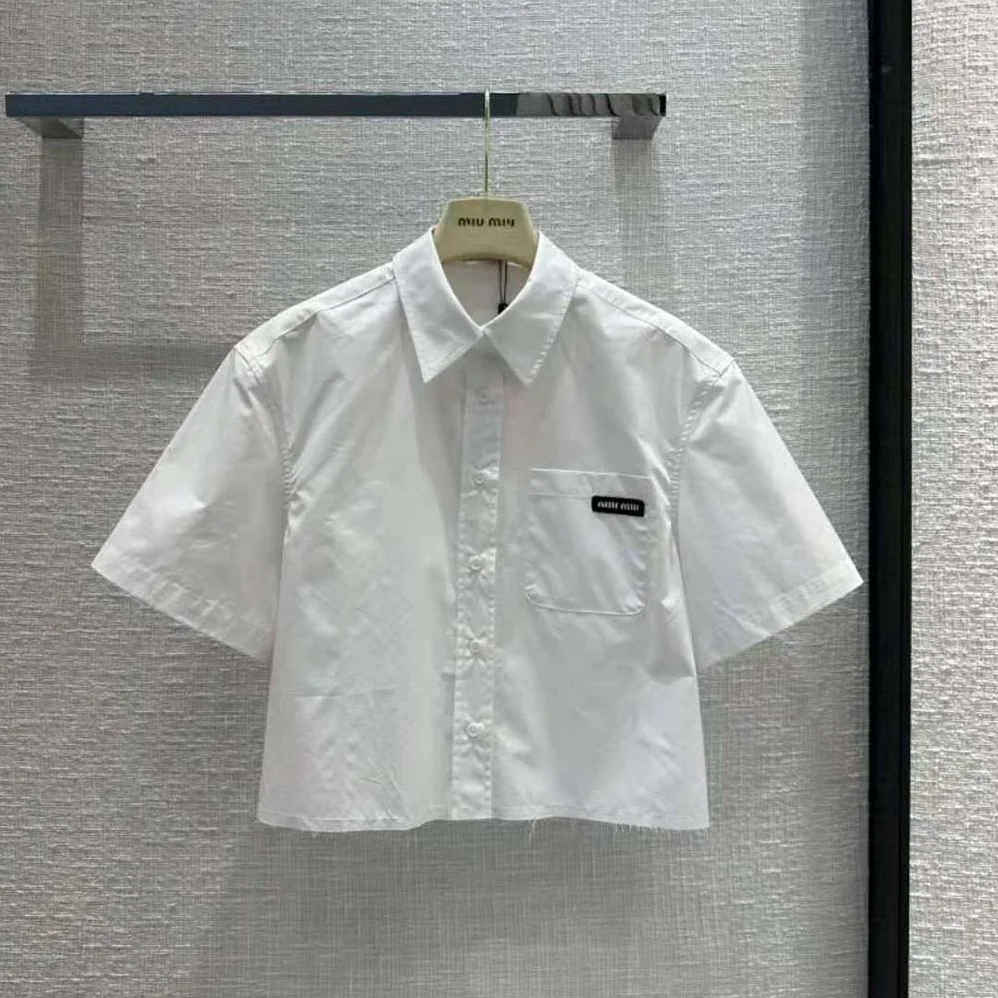 Miu Miu Poplin Shirt with Sartorial Logo Label for Women in White Miu Miu Poplin Shirt with Sartorial Logo Label for Women in White