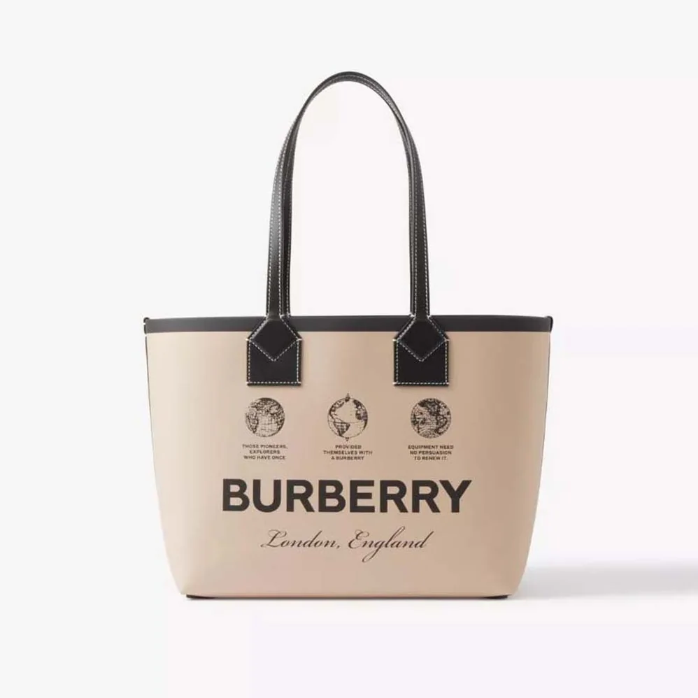 Burberry Label Print Cotton and Leather Small London Tote Bag for Women