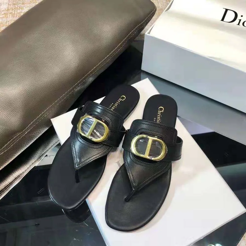 Dior 30 Montaigne Flat Thong Black Calfskin for Women Dior 30 Montaigne Flat Thong Black Calfskin for Women