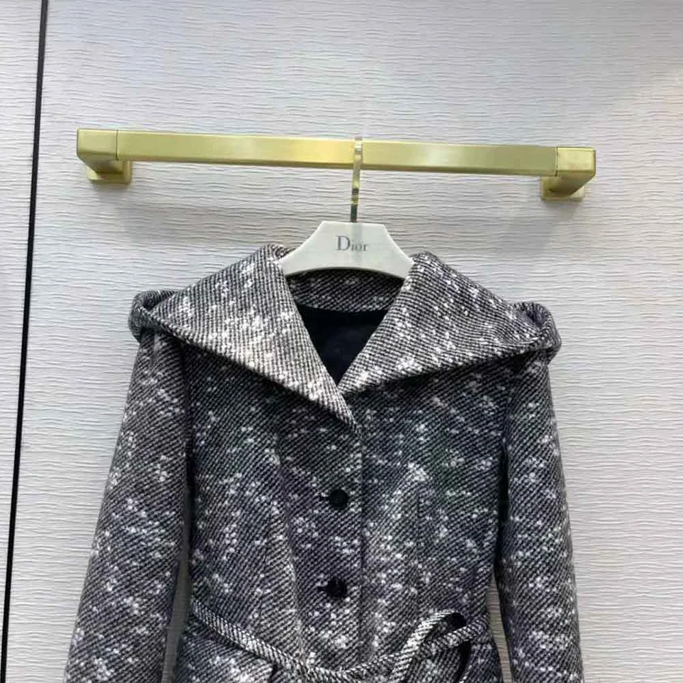 Dior Fitted Hooded Jacket Black and White Technical Wool Tweed and Silk for Women